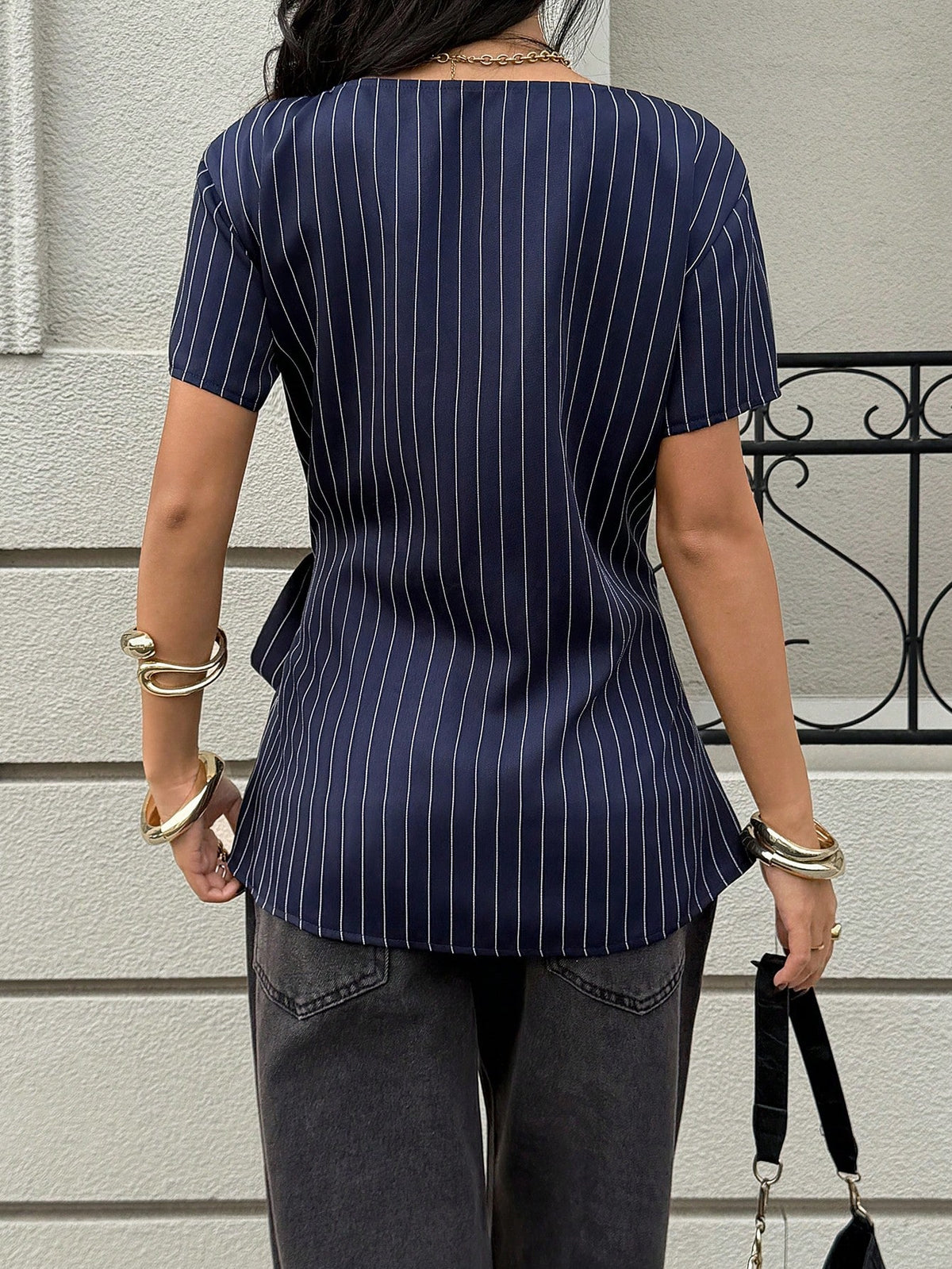 Siren Gaze Asymmetrical Side Tie Design Navy Blue Striped Short Sleeve Shirt Elegant Women Blouse Dark Wrap Tops For Business Casual Teachers' Day Office Summer