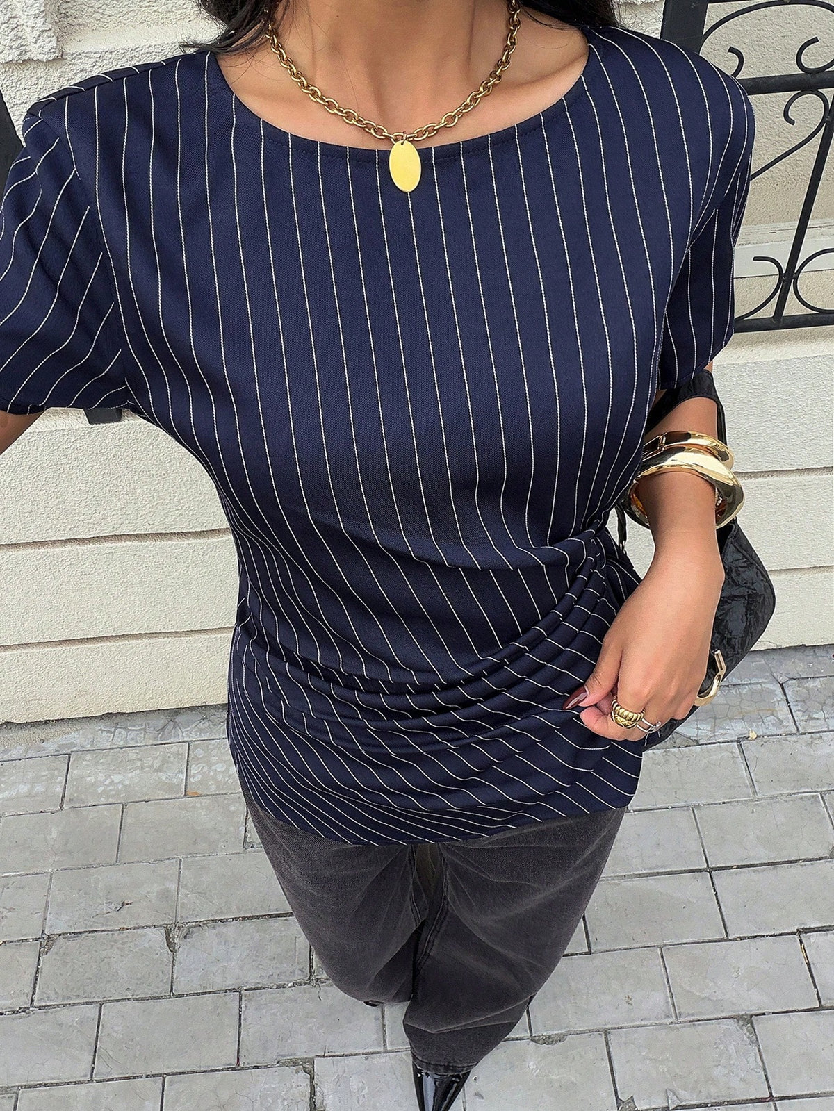 Siren Gaze Asymmetrical Side Tie Design Navy Blue Striped Short Sleeve Shirt Elegant Women Blouse Dark Wrap Tops For Business Casual Teachers' Day Office Summer