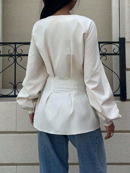Siren Gaze Elegant Solid Color Waist Cinching Shirt, Autumn New Arrival Winter,Fall,Fall Clothes For Women Casual Spring