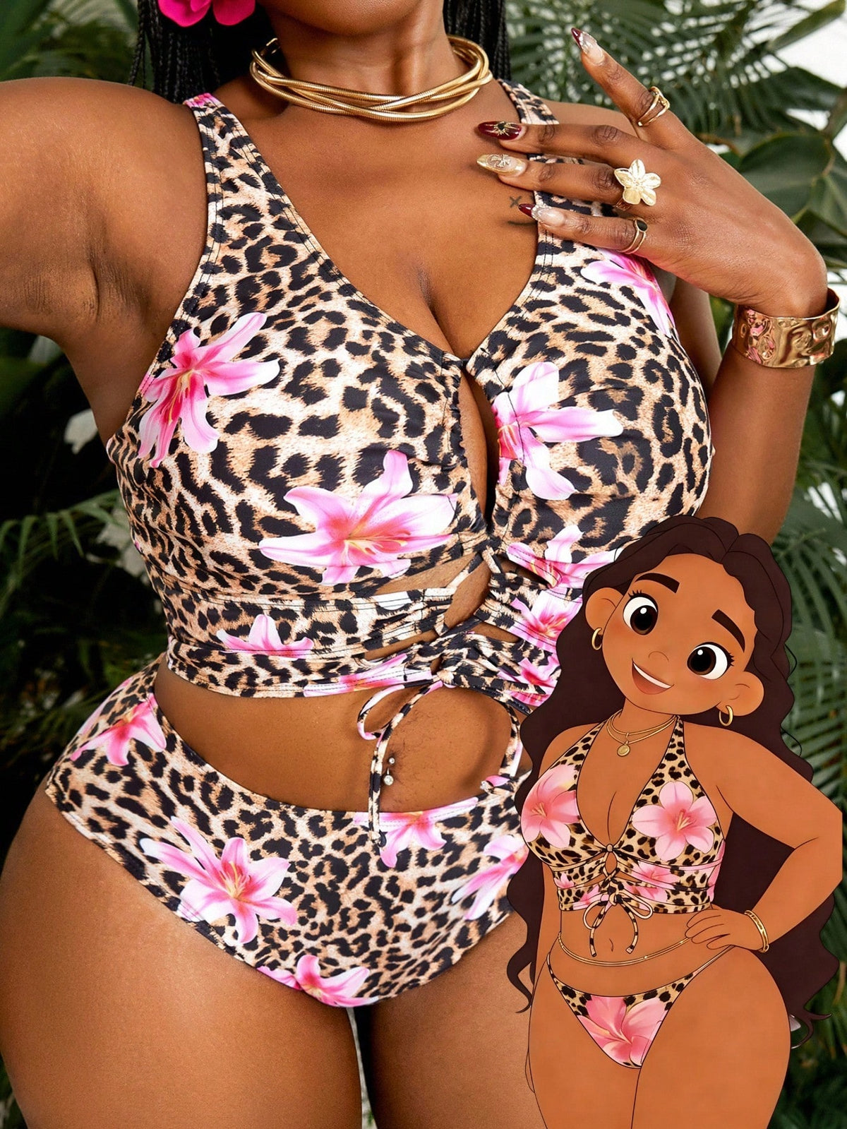 Slaydiva 2026 New Summer Beach Vacation Sexy Floral & Leopard Print Tie-Up Design Plus Size Swimwear Set
