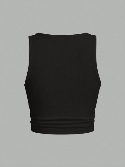 Slaydiva Casual Basic U-Neck Narrow Ribbed Padded Tank Top For Women Plus Size Regular Fit With Padding, Black, Sleeveless, Ribbed Texture