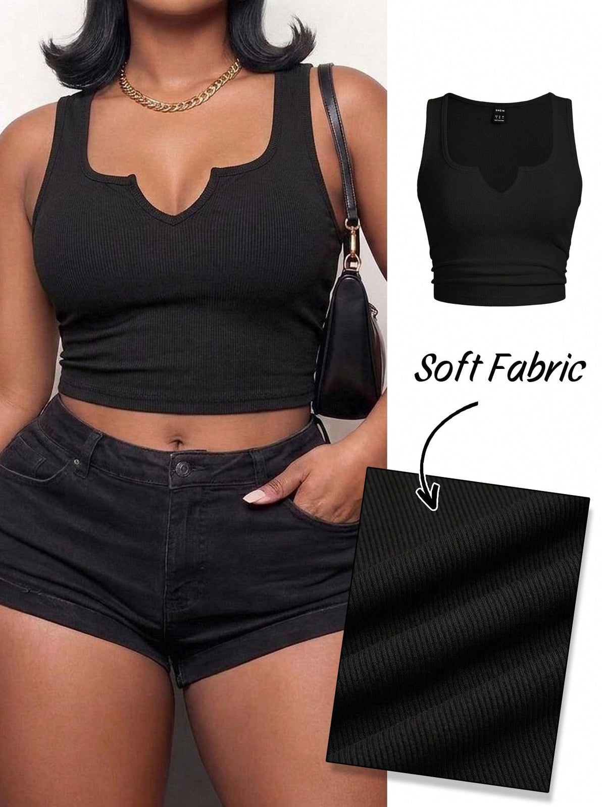 Slaydiva Casual Basic U-Neck Narrow Ribbed Padded Tank Top For Women Plus Size Regular Fit With Padding, Black, Sleeveless, Ribbed Texture