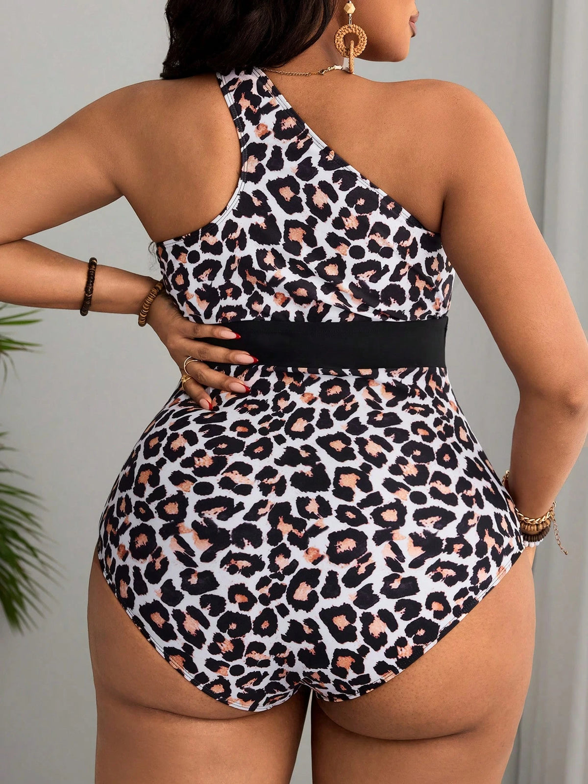 Slaydiva Plus Size Women's Colorful Leopard Print Hollow Out Christmas Vibe One-Piece Swimsuit