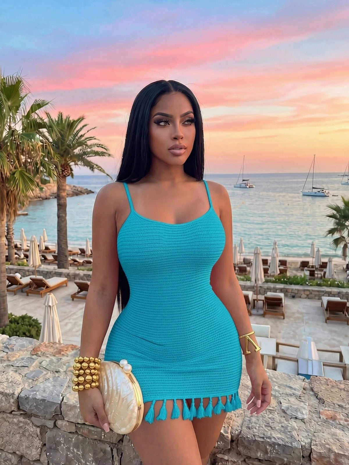 Slaydiva Spring Summer Teal Blue Holiday U-Neck Cross Back Backless Slim Mini Cami Dress Tassel Hem Diamond Plaid Women's Dress Beach Vacation Sexy