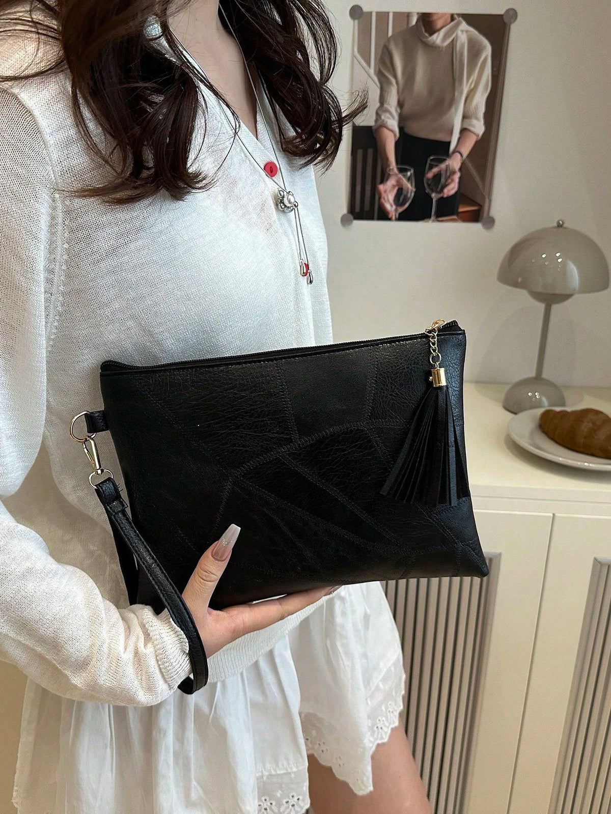 Soft Texture Retro Women's Handbag, 2026 New Textured Design Underarm Bag, Fashion Tassel Pleated Shoulder Bag, Stylish Envelope Wristlet [Patchwork Placement Random]