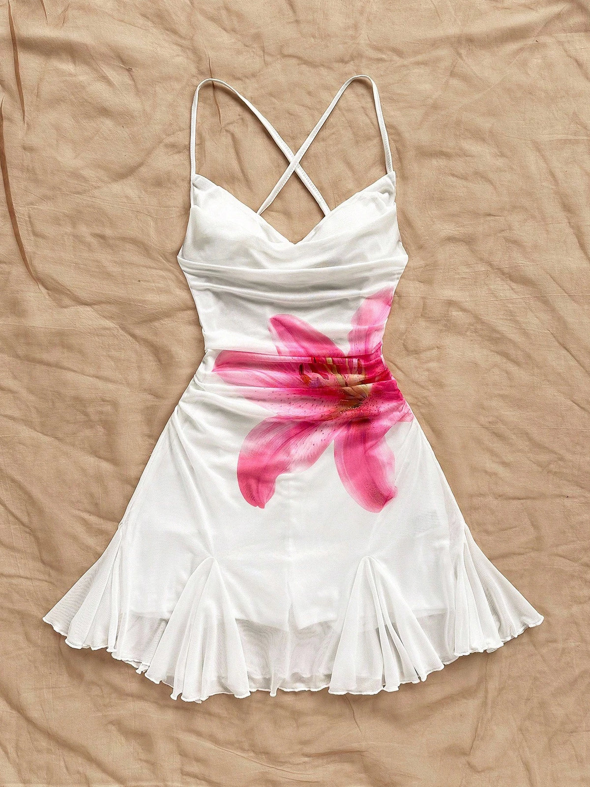 Soleia Sleeveless Pleated Mini Mesh Dress With Floral Design And Spaghetti Straps For Summer White And Pink Print Going Out Vacation Sexy