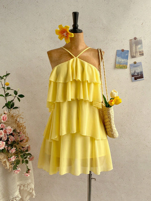 Soleia Women's Pastel Yellow Summer Tropical Holiday Multi-Layered Ruffle Chiffon Mini Dress,Elegant Romantic Cute Backless Wedding Guest Vacation Bohemian