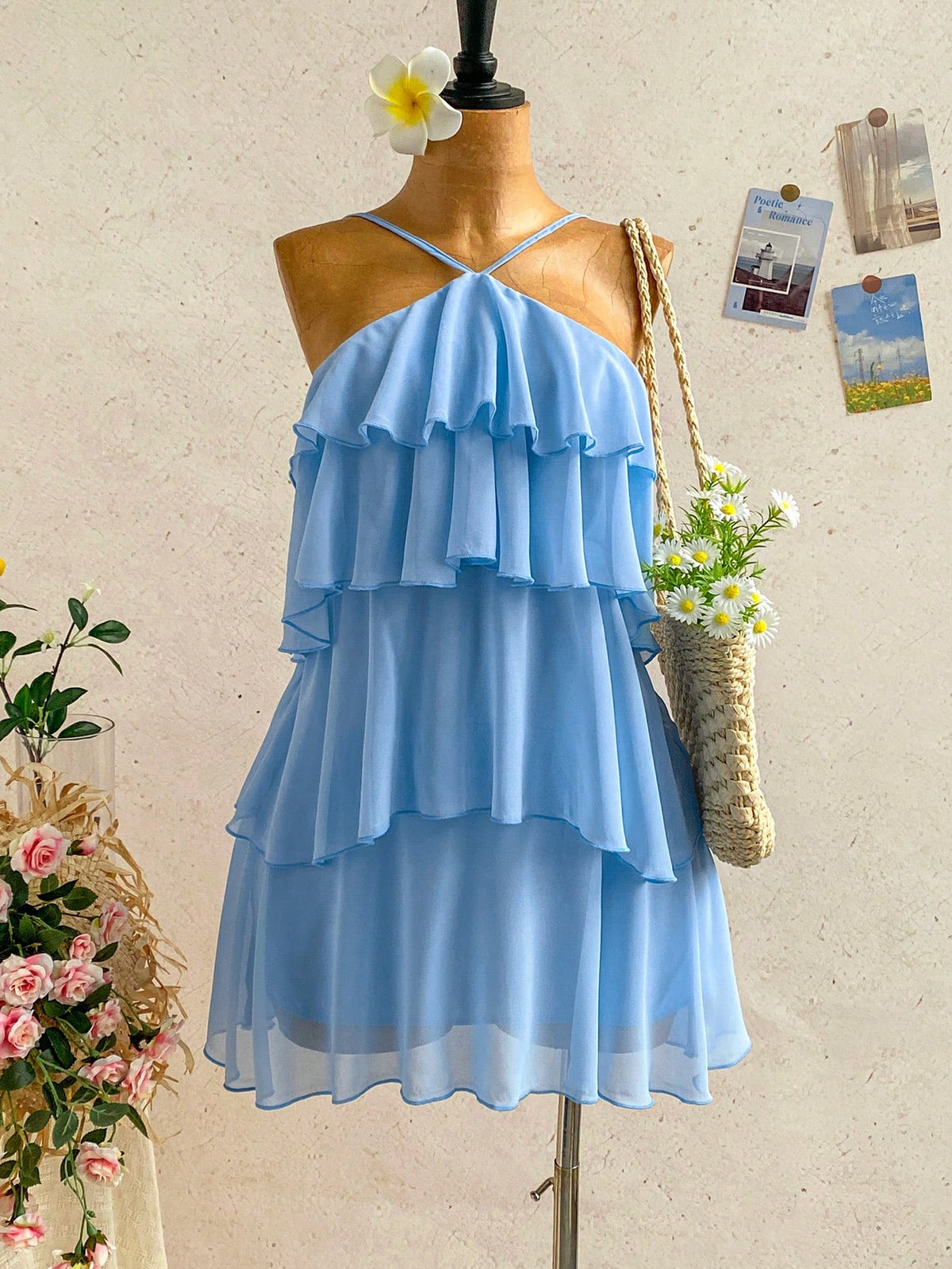 Soleia Women's Pastel Yellow Summer Tropical Holiday Multi-Layered Ruffle Chiffon Mini Dress,Elegant Romantic Cute Backless Wedding Guest Vacation Bohemian