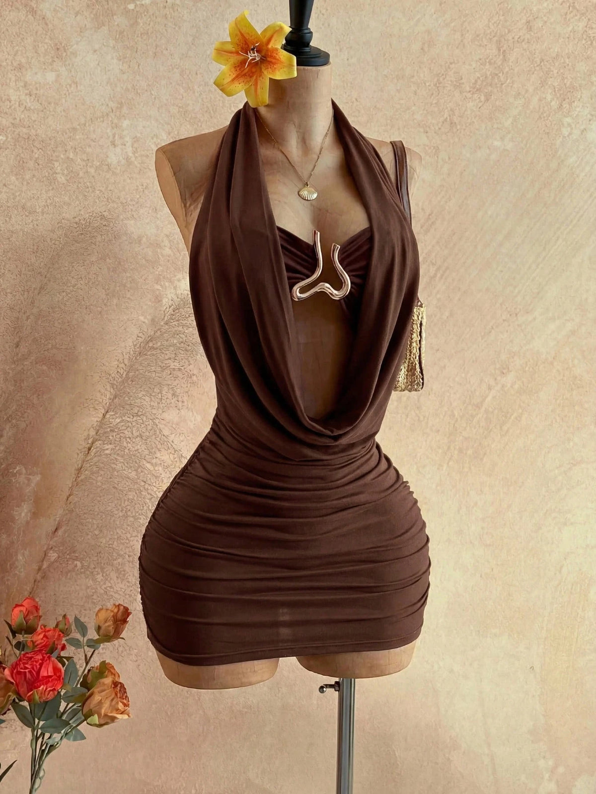 Soleia Women's Pleated Halter Neck Backless Solid Color Dress Dark Brown Summer Sexy Western Style Party Night Out Club Night Outfit Wedding