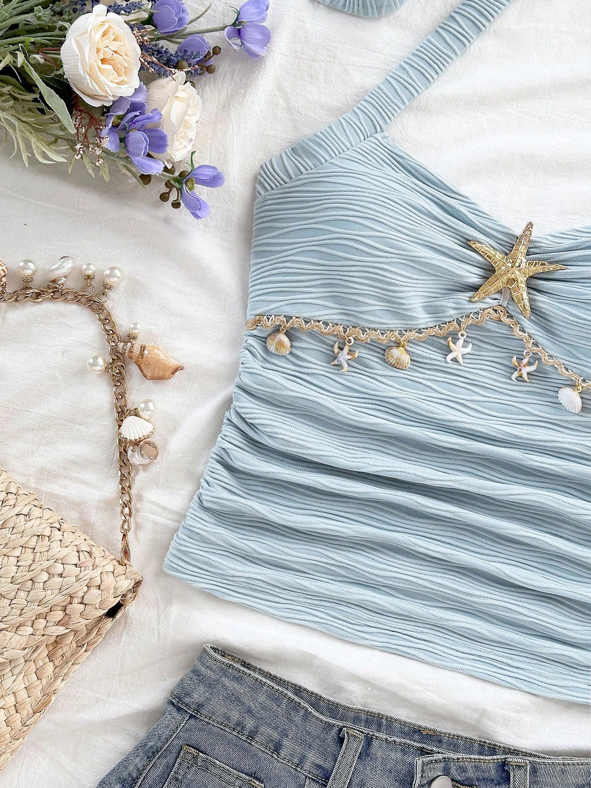 Soleia Women's Starfish Shell Decor Lace No Chest Padding V-Neck Halter Tie Strap Knit Textured Fitted Tank Top, Baby Blue,Tropical,Beach,Holiday,Vacation