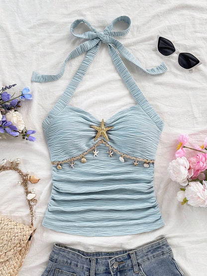 Soleia Women's Starfish Shell Decor Lace No Chest Padding V-Neck Halter Tie Strap Knit Textured Fitted Tank Top, Baby Blue,Tropical,Beach,Holiday,Vacation