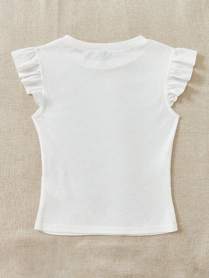 Soleia WYWH Vacation Ruffle Trim Ribbed White Knit Tee