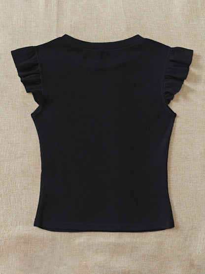 Soleia WYWH Vacation Ruffle Trim Ribbed White Knit Tee