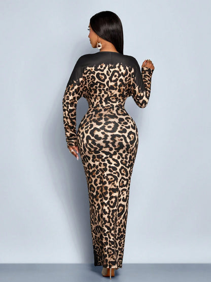 SOLERSUN Elegant Black Leopard Cheetah Print Long Dress Women, Fall Winter Night Out Party Outfit,Wedding Guest Evening Prom Ball Gown Homecoming Dress