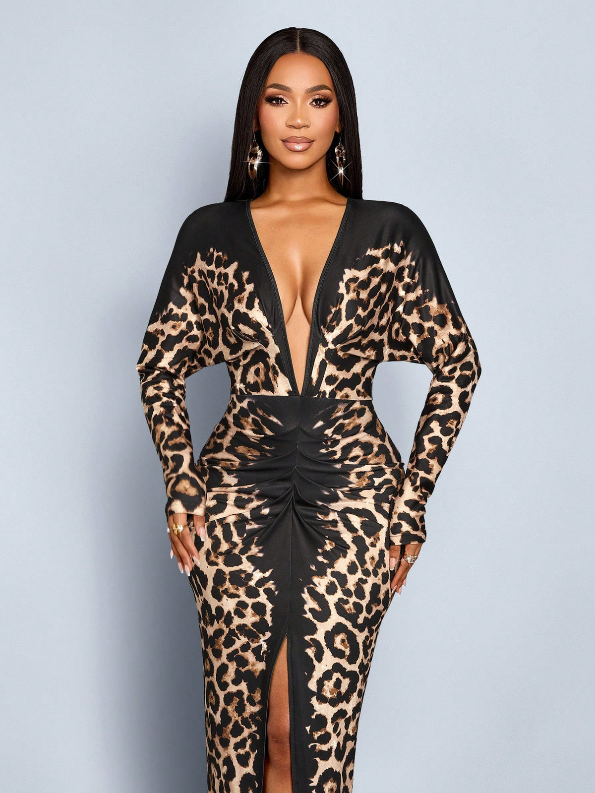 SOLERSUN Elegant Black Leopard Cheetah Print Long Dress Women, Fall Winter Night Out Party Outfit,Wedding Guest Evening Prom Ball Gown Homecoming Dress