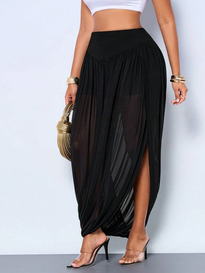 SOLERSUN Women's Black Summer Chic Vacation Elegant Stylish Pleated Mesh Side Slit Hem Long Skirt, Daily Festival Beach