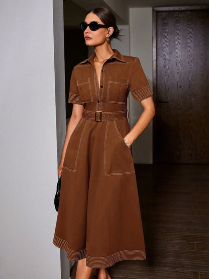 Sollinarry Women's Casual Vintage Inspired Short Sleeve Dress, Easy Care. Please Refer To Size Chart When Purchasing. Elegant Summer Brown