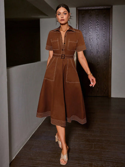 Sollinarry Women's Casual Vintage Inspired Short Sleeve Dress, Easy Care. Please Refer To Size Chart When Purchasing. Elegant Summer Brown