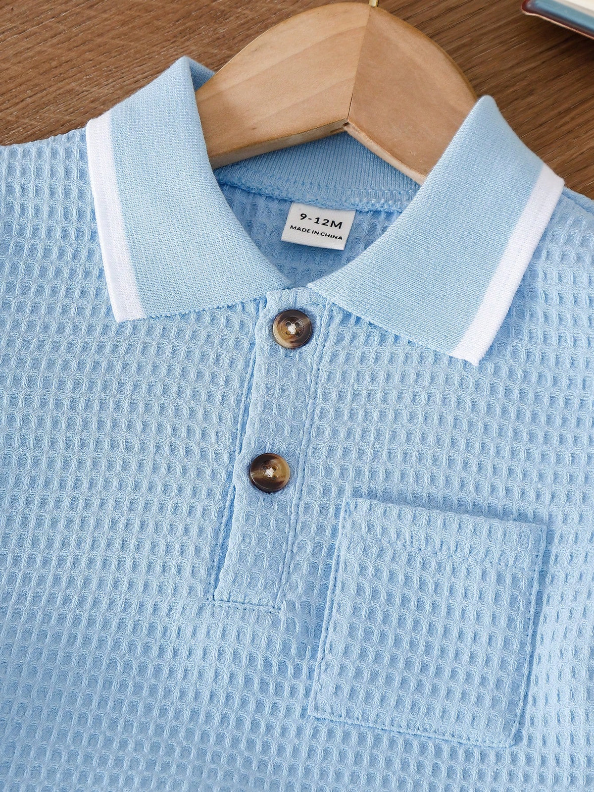 Souflis Souflis 2pcs Infant Baby Boys Blue Summer Casual Outfit Short Sleeve Polo Shirt With Elastic Waist Shorts Set Family Matching Toddler Clothes Loose Fit 3M-3T