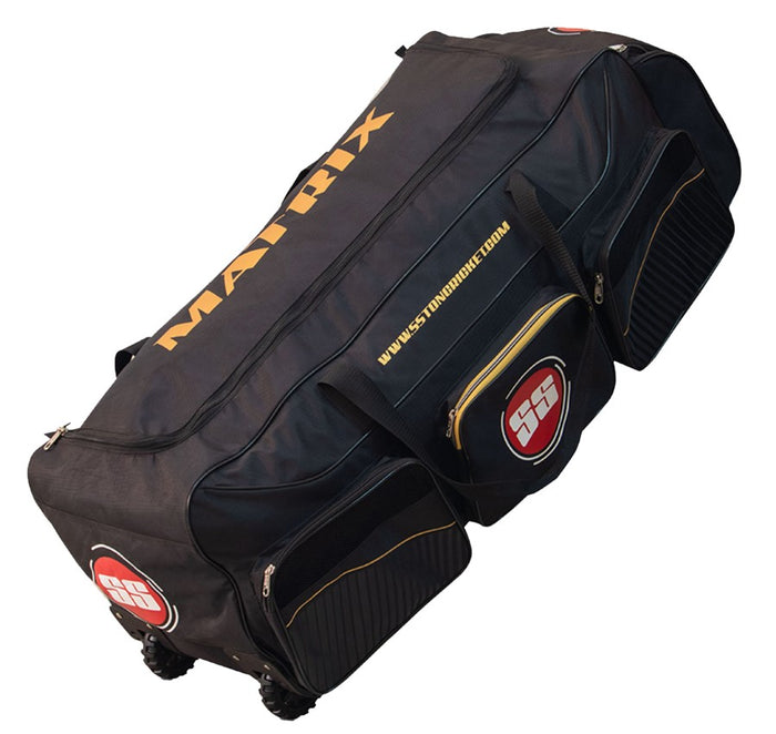 SS Matrix Professional Cricket Wheelie Kit Bag - Duffle w/ Wheels, Multiple Compartments, Black & Orange - Lightweight, Durable & Easy to Carry