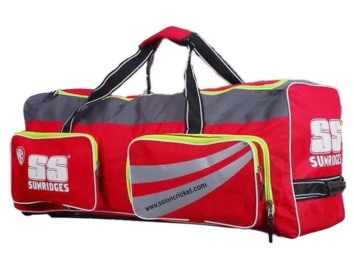 SS TON Professional Cricket Wheelie Kit Bag - Duffle w/Wheels, Multiple Compartments, Grey & Red - Lightweight, Durable, and Easy to Carry