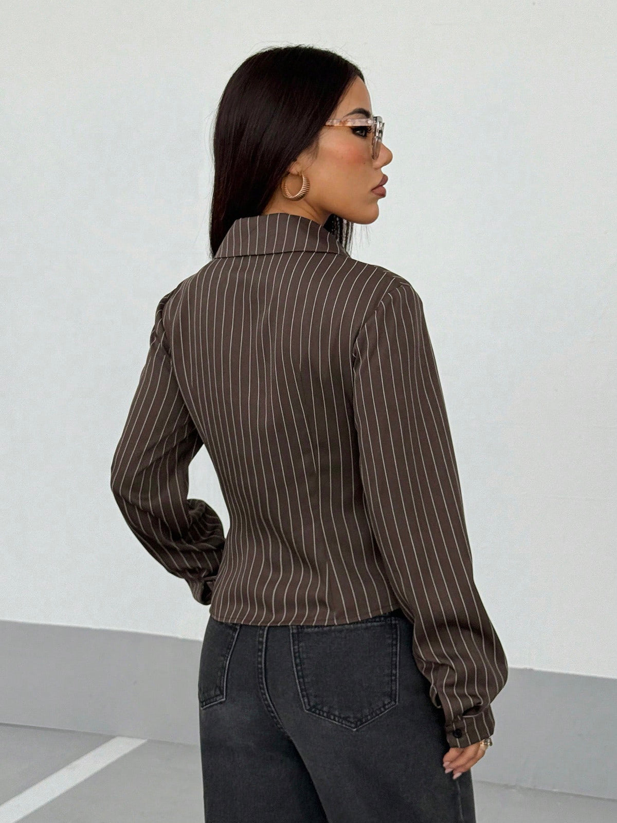 StreetHx Women's Retro Striped Fitted Shirt, Brown Blouse,Autumn Clothes For Women