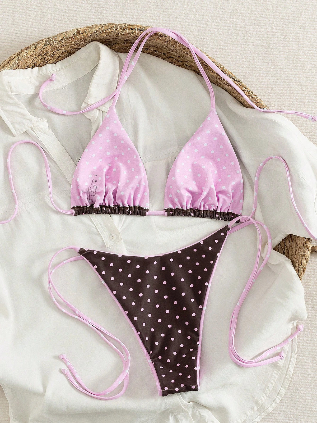 Summer Leopard Print Spaghetti Strap Tie-Up Bikini Set, Suitable For Beach Vacation Polka Dot