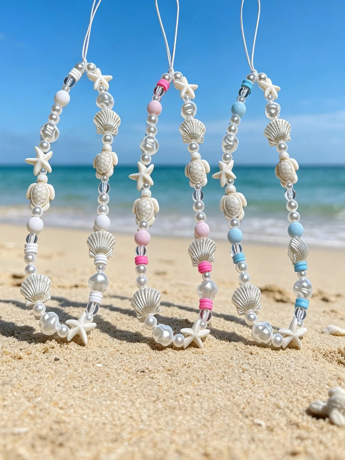 Summer Ocean Life Style Starfish, Sea Turtle, Faux Pearl, Seashell, Flower Beaded Soft Clay Chain Phone Lanyard, Travel Holiday Accessory Pendant