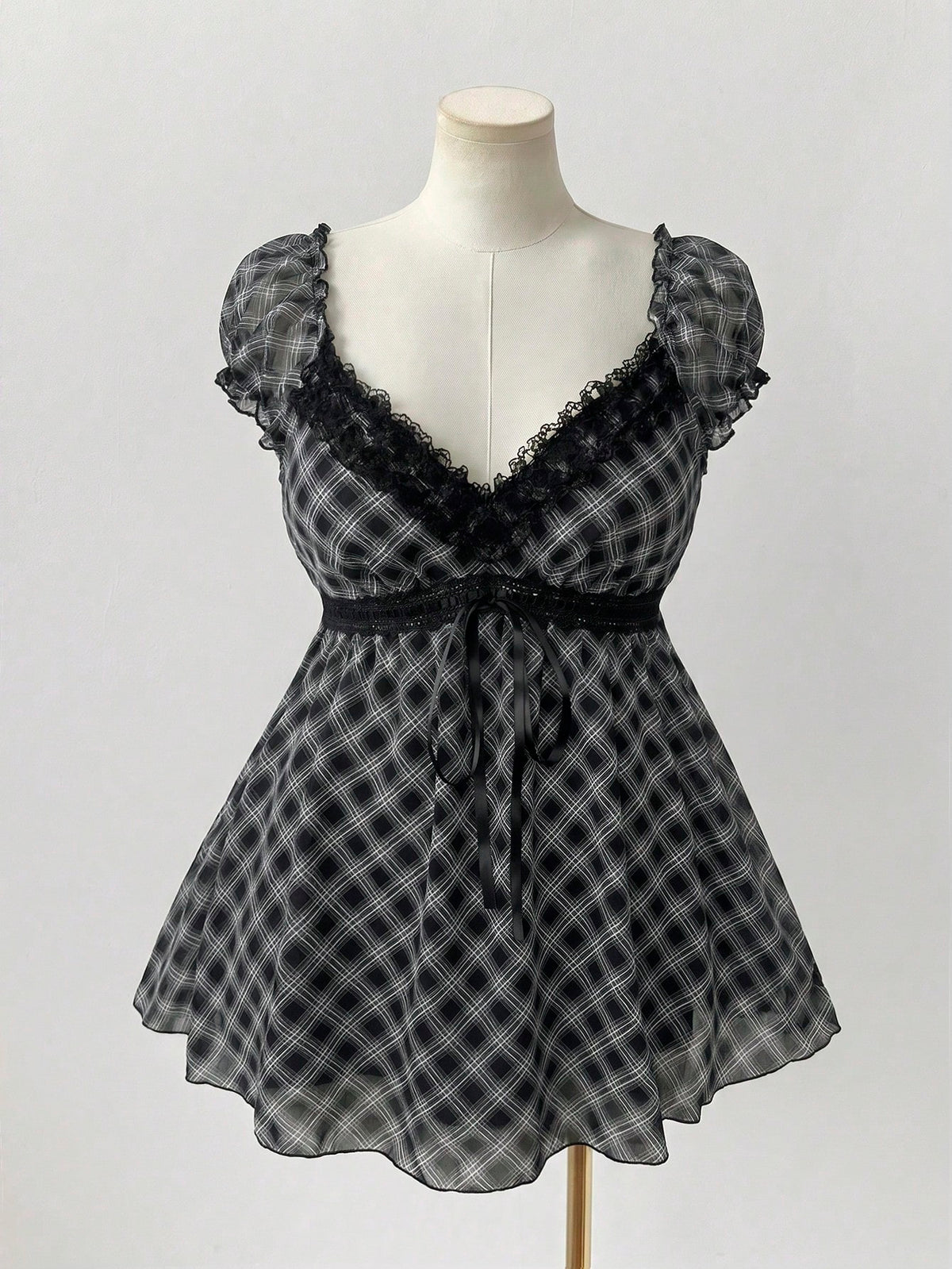 Sunspun Plus Size Summer Casual Plaid Lace Trim Shirt