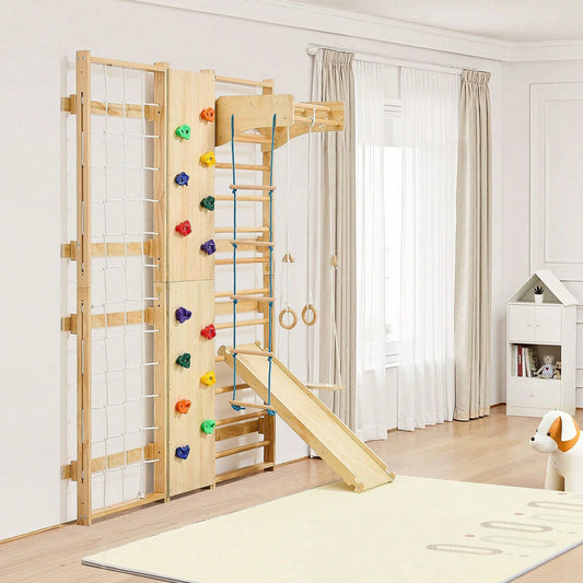 Swedish Ladder Wall Gym, 9-In-1 12-Level Solid Wood Gymnastic Stall Bars For Kids Adults, 220LBS Indoor Jungle Gym With Rock Climbing Wall, Gym Rings, Pull-Up Bar, Climbing Board, Slide, Swing