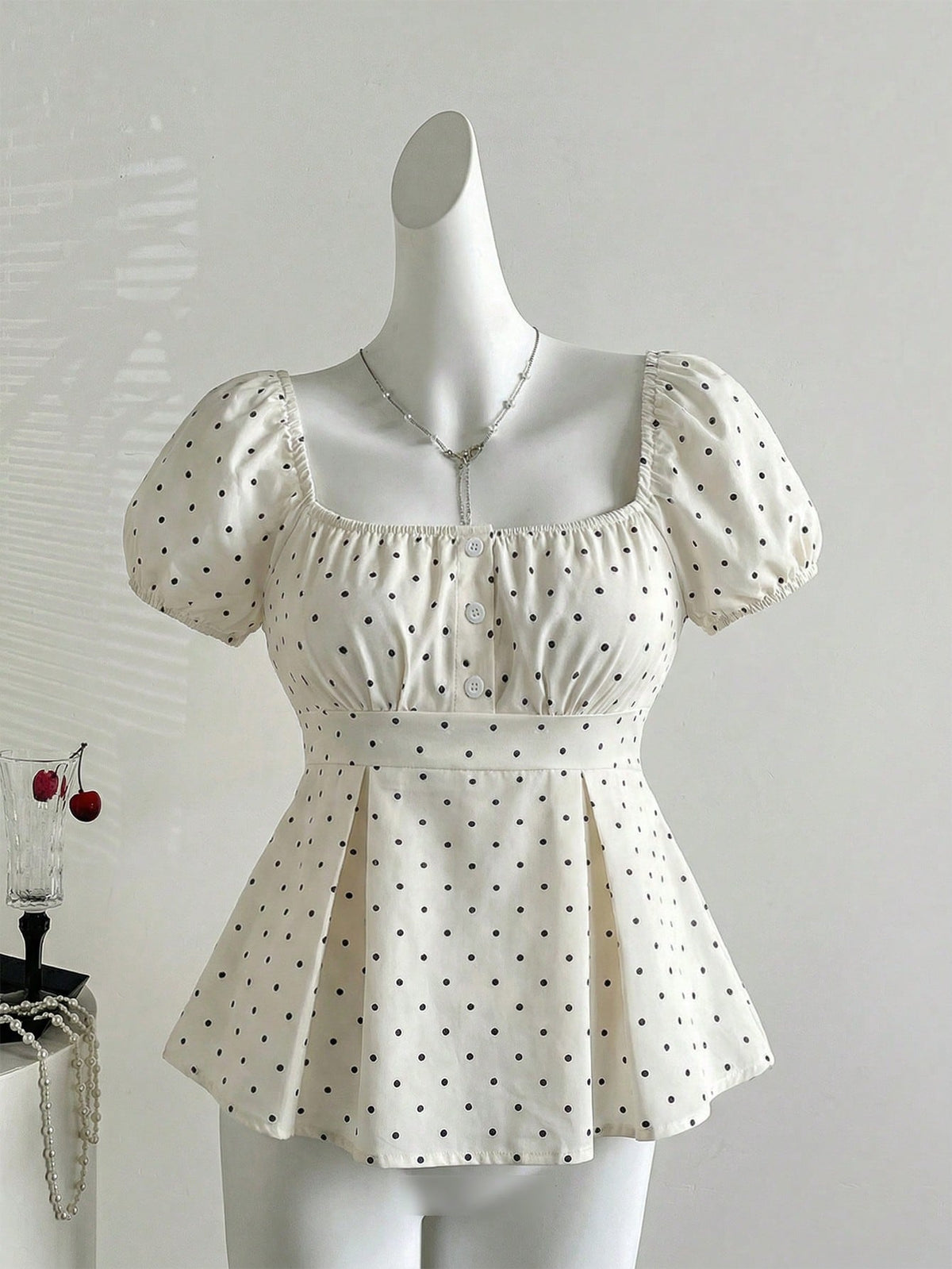 Sweetra French Style Black And White Polka Dot Puff Sleeve Square Collar A-Line Blouse,Summer Cute Everyday Elegant Minimalist Button Plus Size Women Shirt