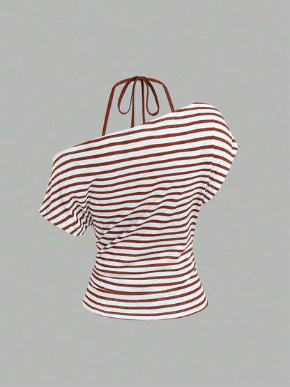Sweetra Women's Summer Vacation Style Asymmetrical Shoulder Striped Tank Top With Sheer Back