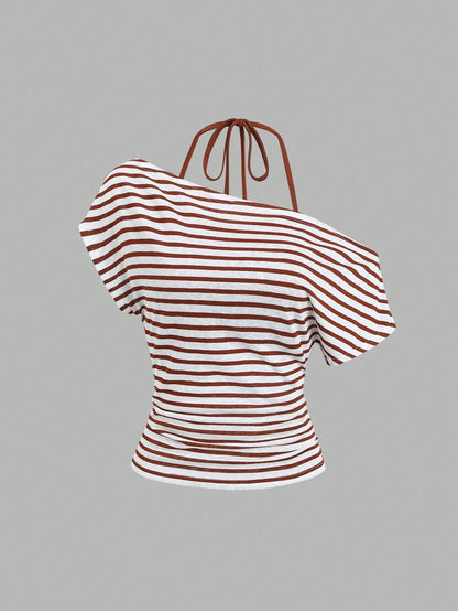 Sweetra Women's Summer Vacation Style Asymmetrical Shoulder Striped Tank Top With Sheer Back