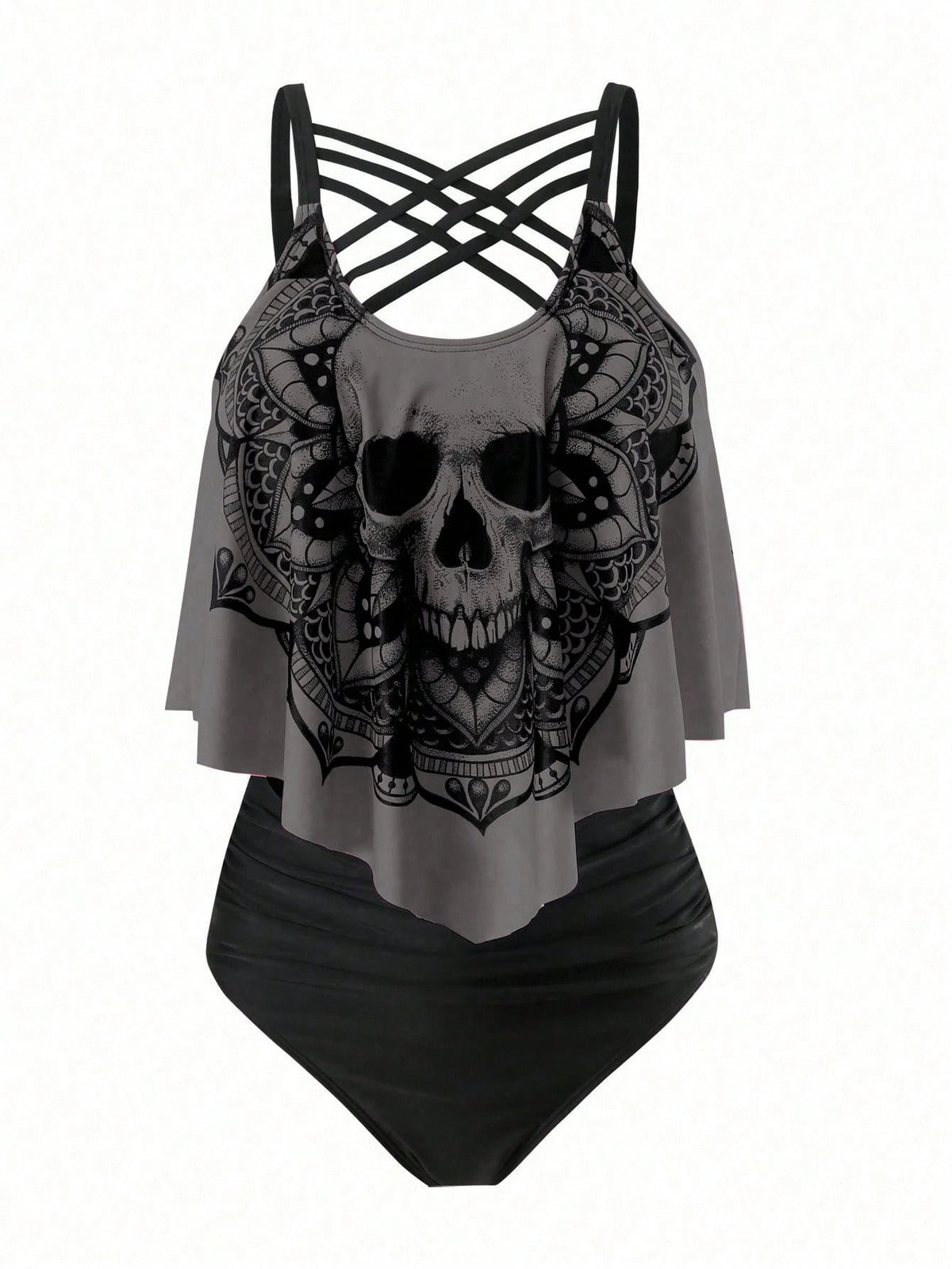 Swim Curve Plus Size Summer Beach Skull Print Asymmetrical Hem Spaghetti Strap Top And Ruched Bottom Tankini Set, Perfect For Pool Party, Halloween