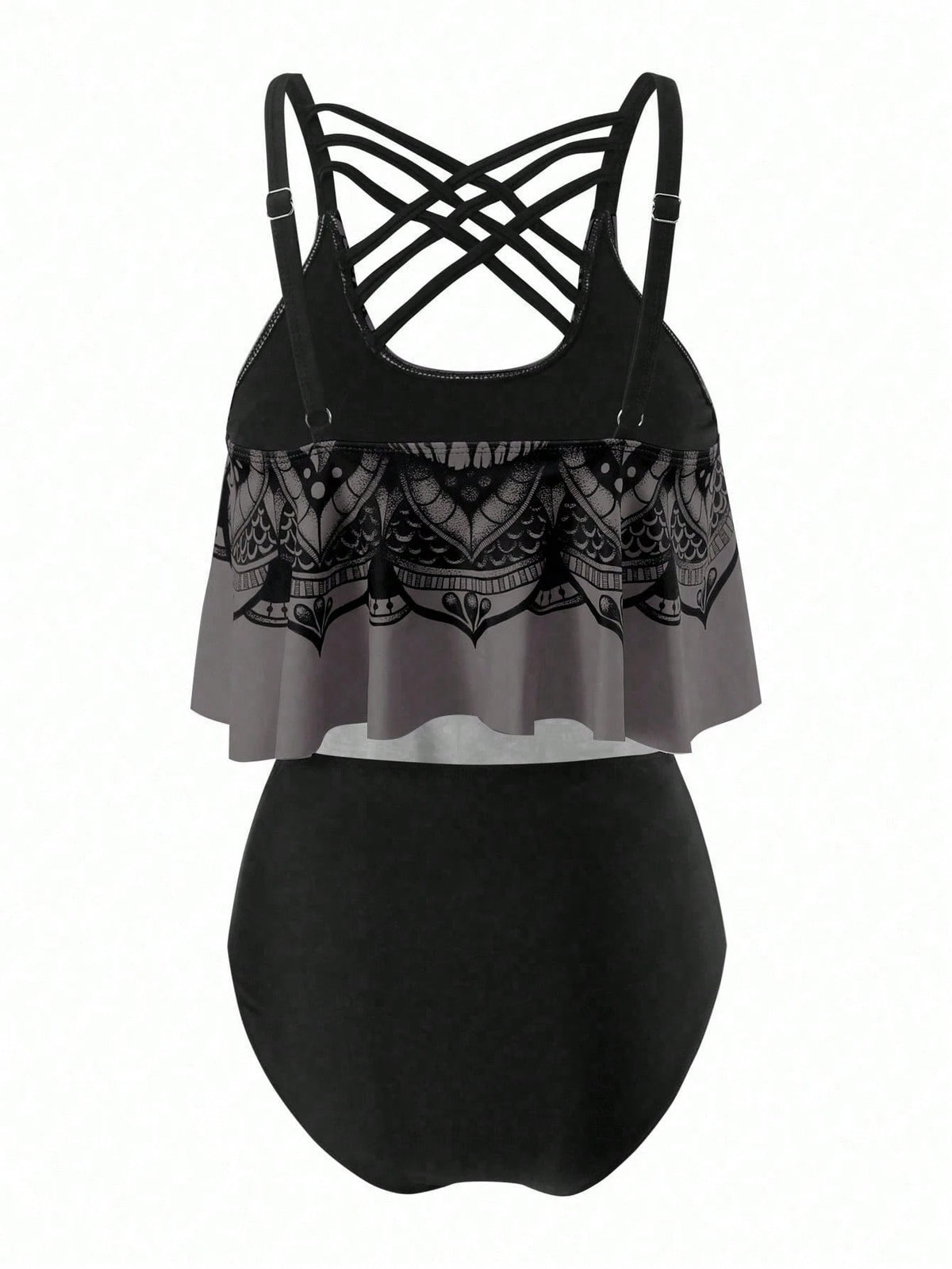 Swim Curve Plus Size Summer Beach Skull Print Asymmetrical Hem Spaghetti Strap Top And Ruched Bottom Tankini Set, Perfect For Pool Party, Halloween