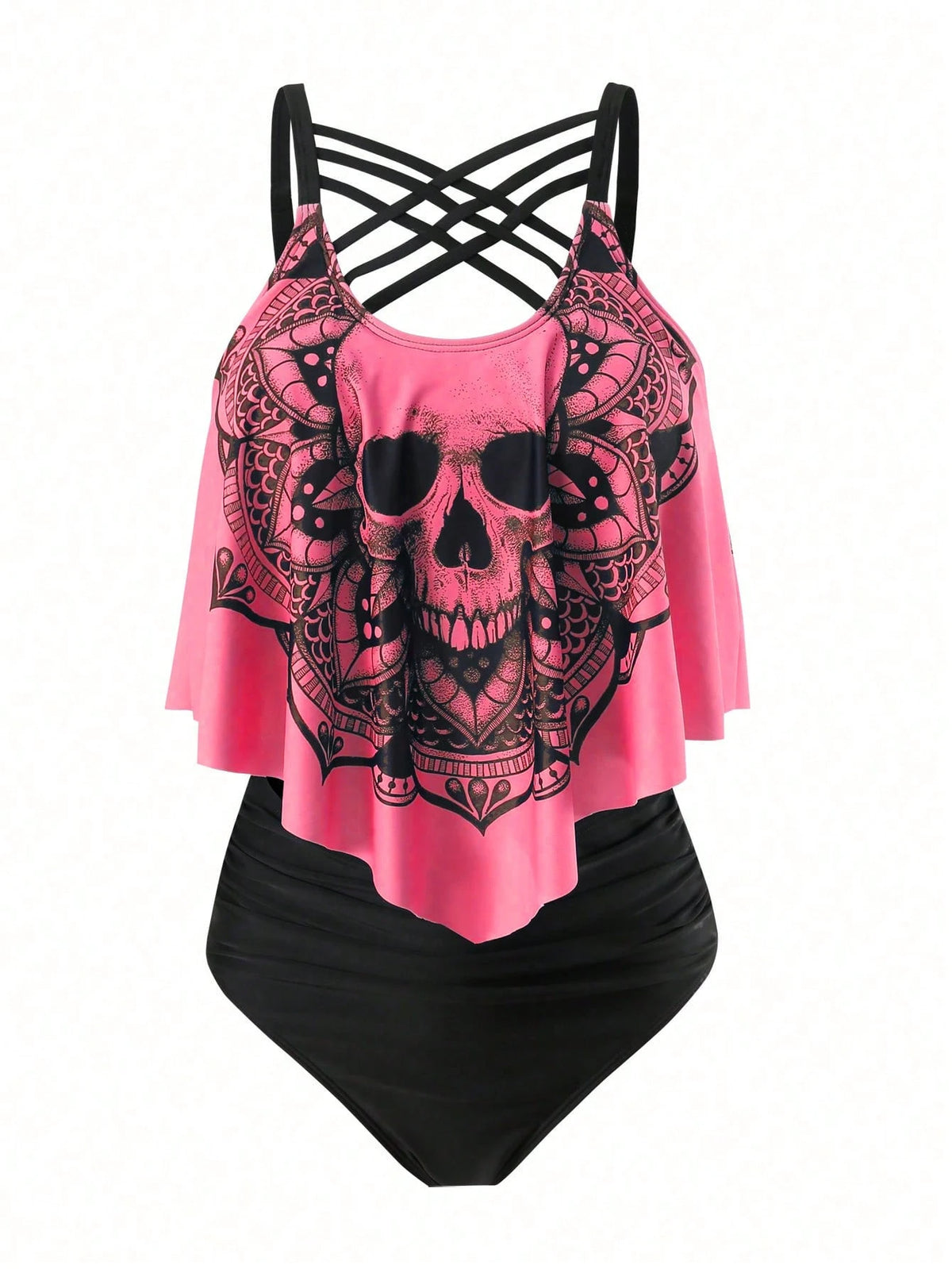 Swim Curve Plus Size Summer Beach Skull Print Asymmetrical Hem Spaghetti Strap Top And Ruched Bottom Tankini Set, Perfect For Pool Party, Halloween