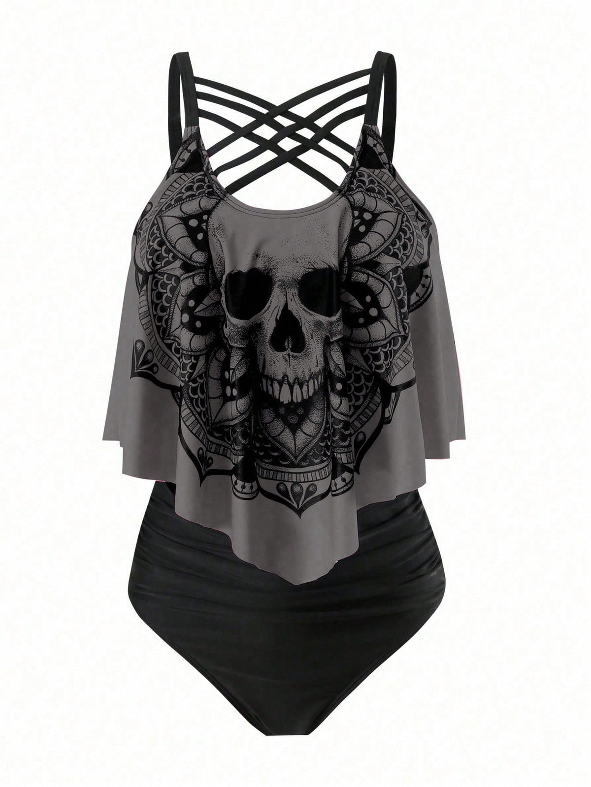 Swim Curve Plus Size Summer Beach Skull Print Asymmetrical Hem Spaghetti Strap Top And Ruched Bottom Tankini Set, Perfect For Pool Party, Halloween