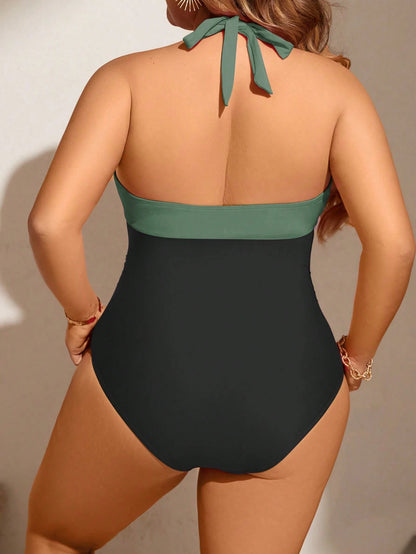 Swim Curve Plus Size Women Summer Beach Contrast Color Sexy Halter Bikini Swimsuit