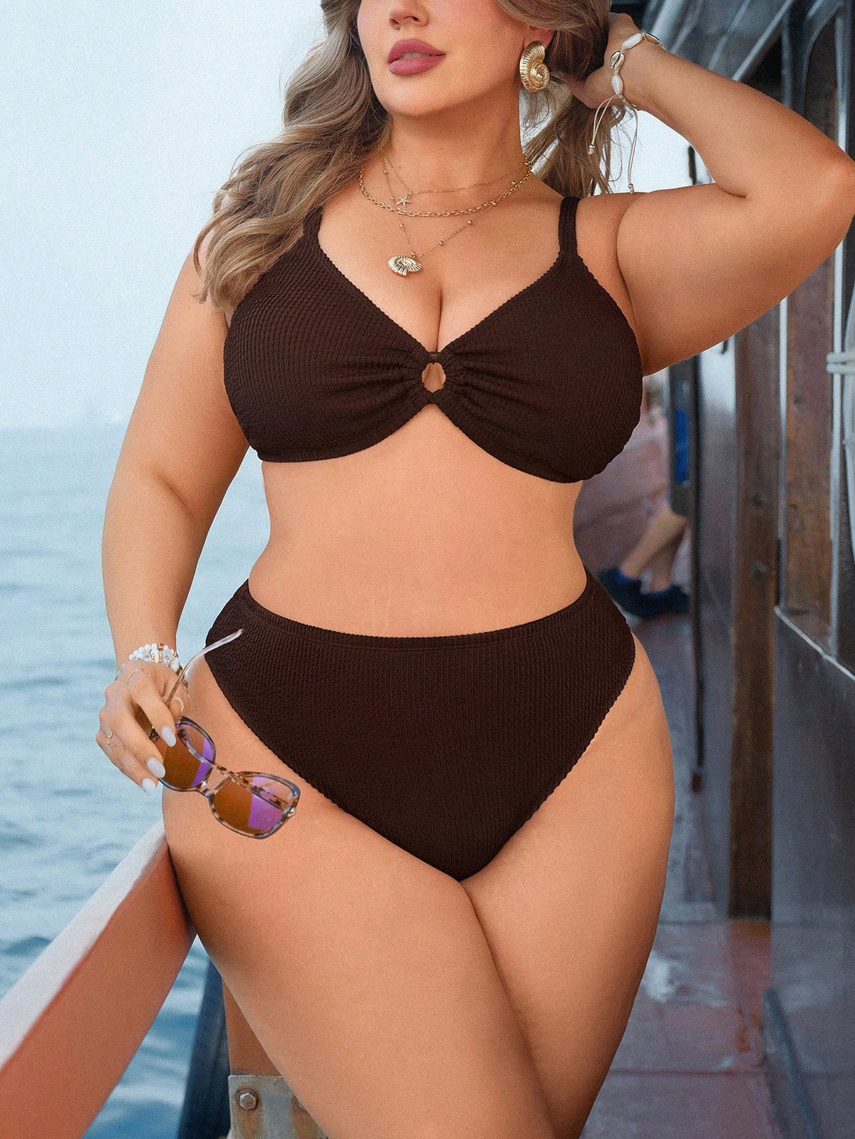 Swim Lushoire 2pcs Plus Size Women Textured Spaghetti Strap Top With Front Ring And Triangle Bottoms Bikini Swimwear