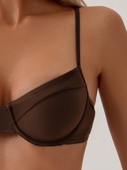 Swim Lushoire Summer Beach Non-Push Up Underwire Solid Color Two-Piece Bikini Set Bathing Suit