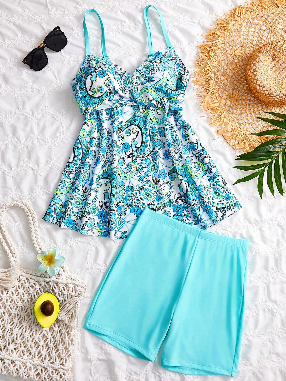 Swim Lushoire Women's Summer Beach Outfit, Paisley Random Print Camisole And Solid Color Shorts 2-Piece Swimwear, Suitable For Beach Holiday