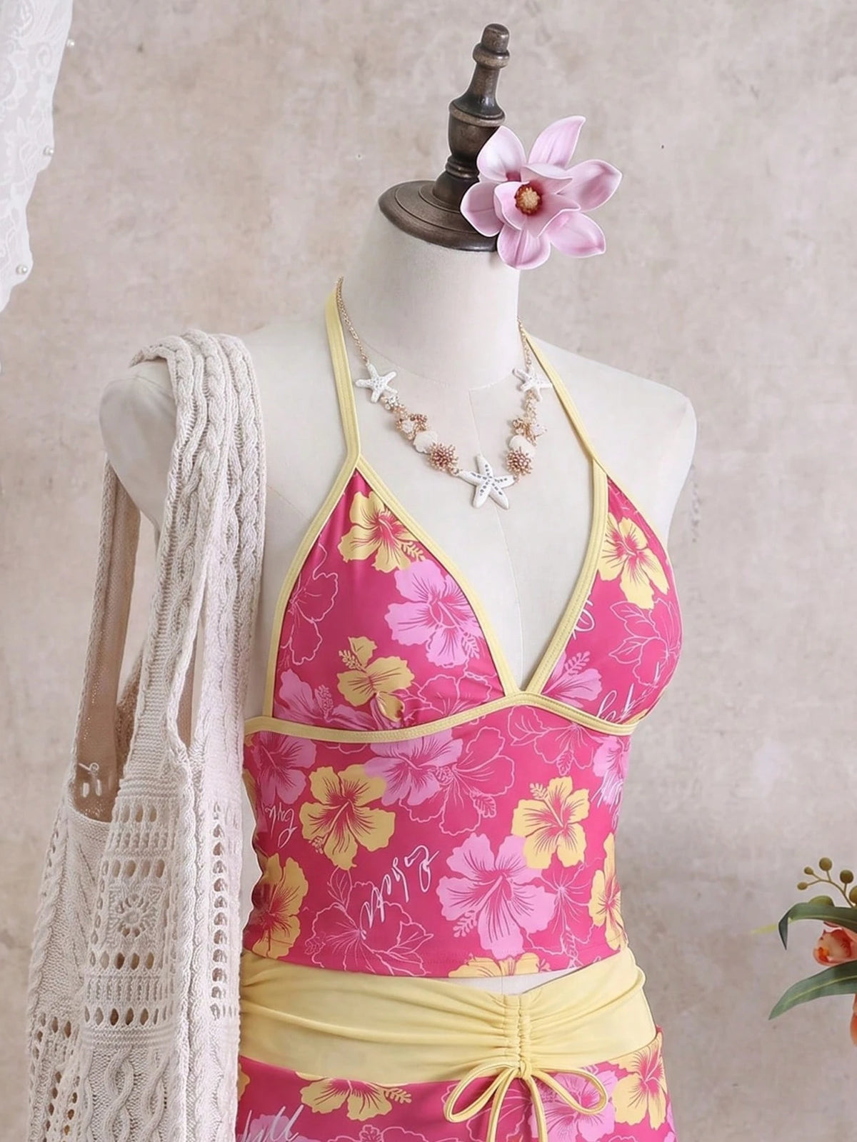 Swim Mod 2026 New Spring/Summer Plus Size Women's Rose Red Floral Print Halter Top With Bikini Bottoms And Multi-Layered Skirt Casual Vacation Beach Party Swimsuit Set