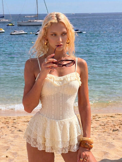 Swim Mod Beach Wear Sexy Cute Sequin Elegant Influencer Ruffle Neckline Lace Fabric Three-Layer Hem One-Piece Vacation Swim Dress White Summer
