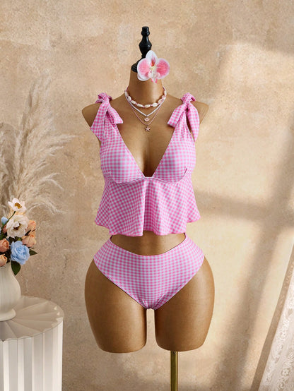 Swim Mod Women's 2-Piece Plaid Print Casual Cute Tropical Spaghetti Strap Tie Front Crop Top And Drawstring Waist Bikini Bottom Swimwear Set Summer Beach Pink