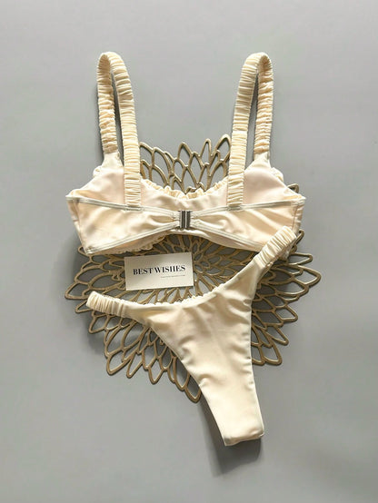 Swim Mod Women's Solid Color Ruched High Cut Sexy Bikini Set, Spring/Summer
