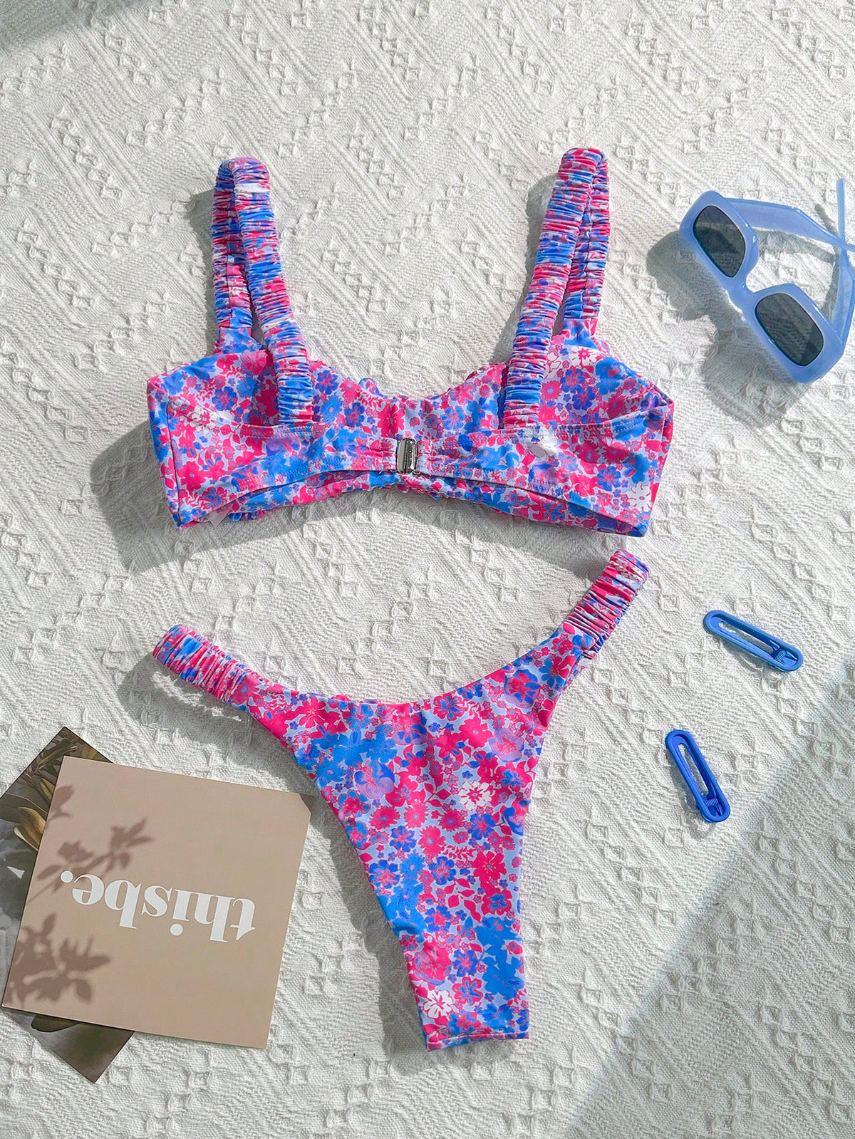 Swim Mod Women's Solid Color Ruched High Cut Sexy Bikini Set, Spring/Summer