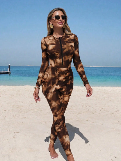 Swim Mulvari Printed Fabric Elegant Conservative Vacation Women's Swimsuit Set