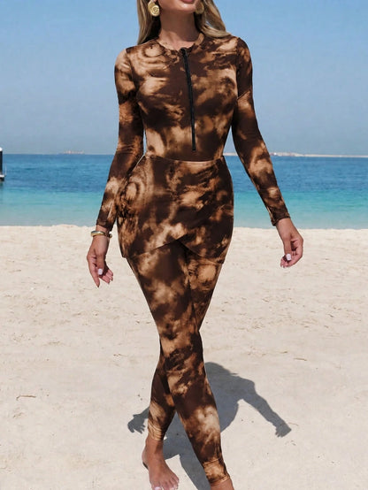 Swim Mulvari Printed Fabric Elegant Conservative Vacation Women's Swimsuit Set