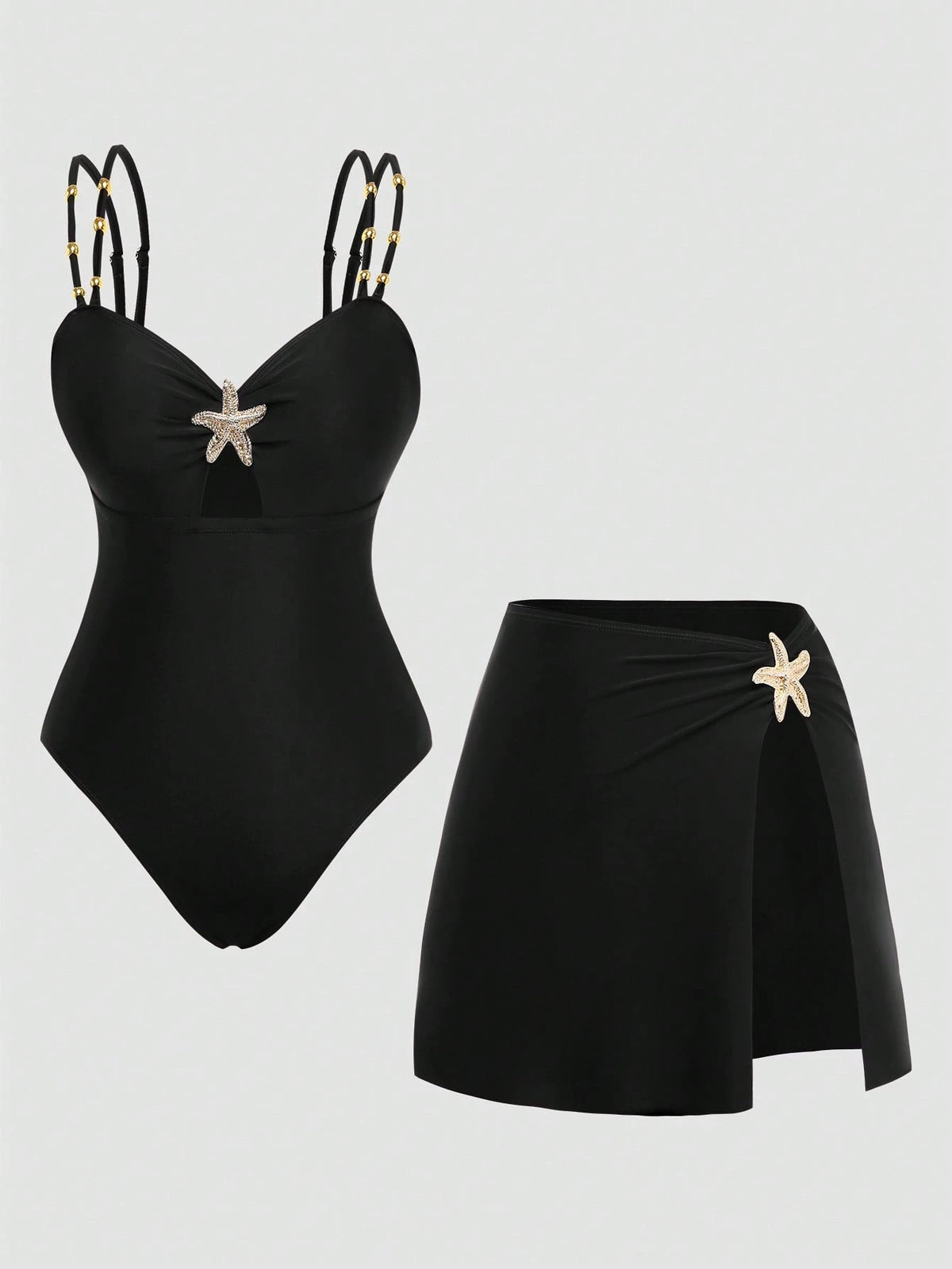 Swim Oasis Elegant Plus Size One-Piece Swimsuit For Women,Black,Summer,Classy,Formal,Evening,Vacation,Holiday,Two Pieces Beaded Starfish Printed Slit Skirt Set