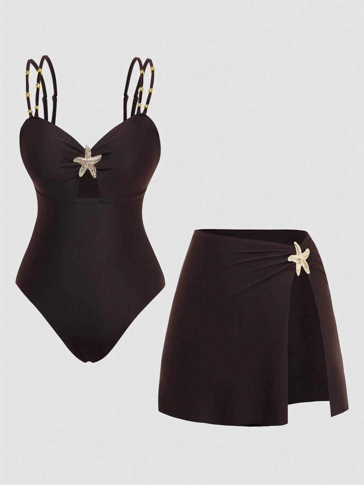 Swim Oasis Elegant Plus Size One-Piece Swimsuit For Women,Black,Summer,Classy,Formal,Evening,Vacation,Holiday,Two Pieces Beaded Starfish Printed Slit Skirt Set
